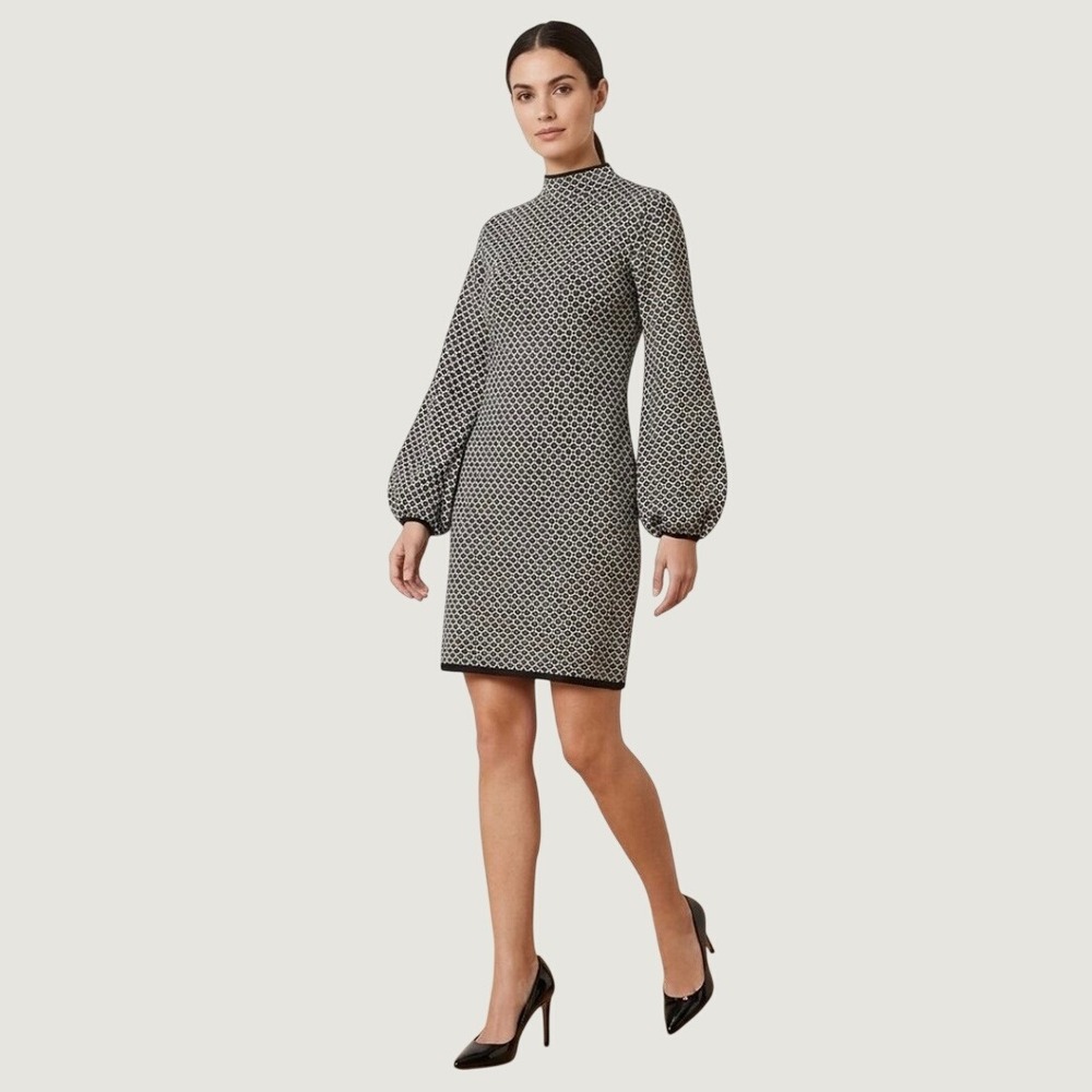 Max Studio London Long Sleeve Knit Shift Dress, Medium, Black & Tan Geometric